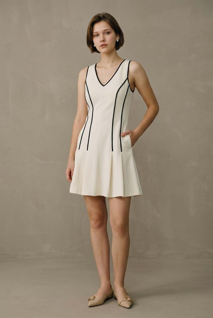 Banana Republic Monogram V-Neck Pleated Fit & Flare Dress with Contrast Piping